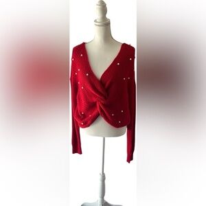No Boundaries Red Off-the-Shoulder Sweater with Pearl Details